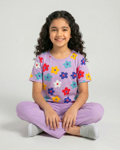 Blossom Dream Girls Floral Top & Purple Flare Pants Set