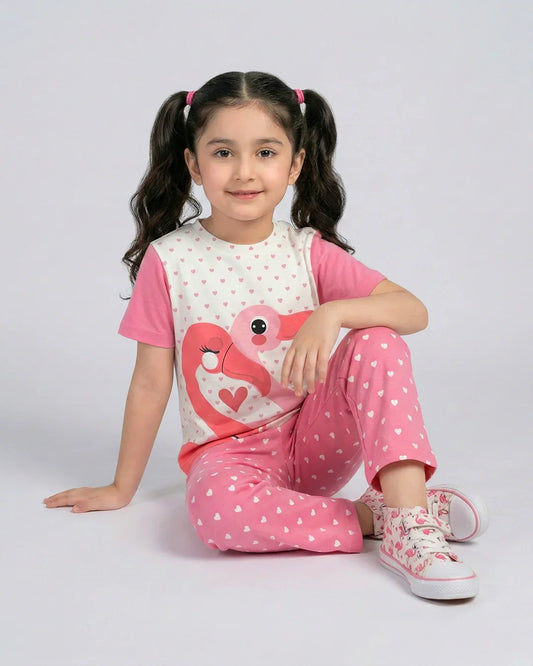 Girls' Flamingo Heart Print Top & Flared Pants Set