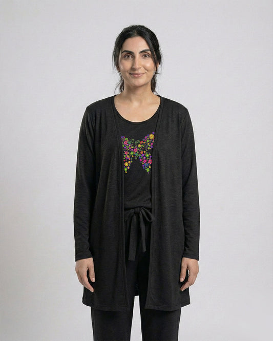 Women's 3 Pieces Night Suit - Colored Butterfly | Black