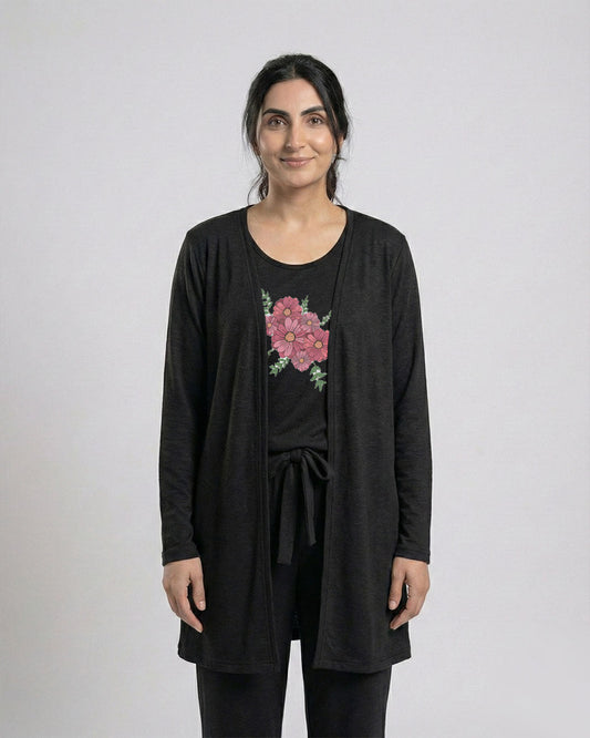 Women's 3 Pieces Night Suit - Flower | Black