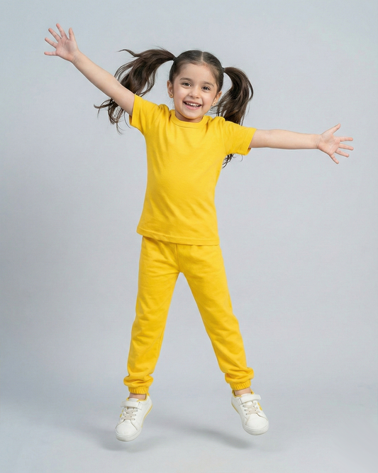 Kids Yellow Cotton T-Shirt & Trouser Set