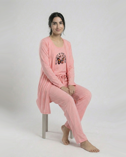 Women's 3 Pieces Night Suit - Never Give Up | Baby Pink