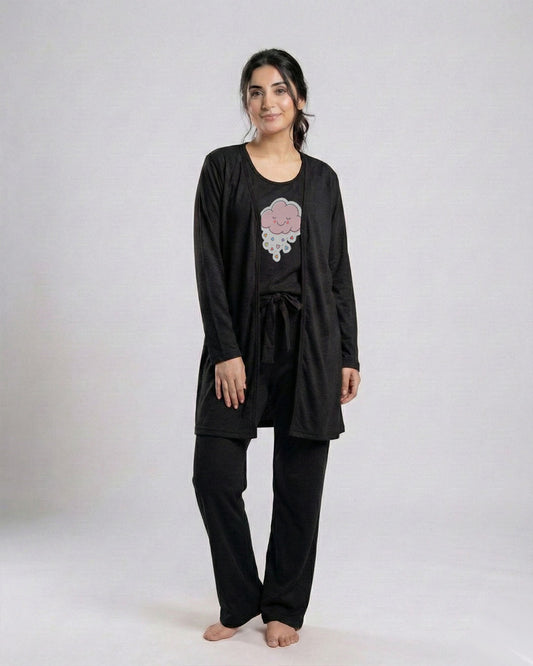 Women's 3 Pieces Night Suit - Pink Cloud | Black