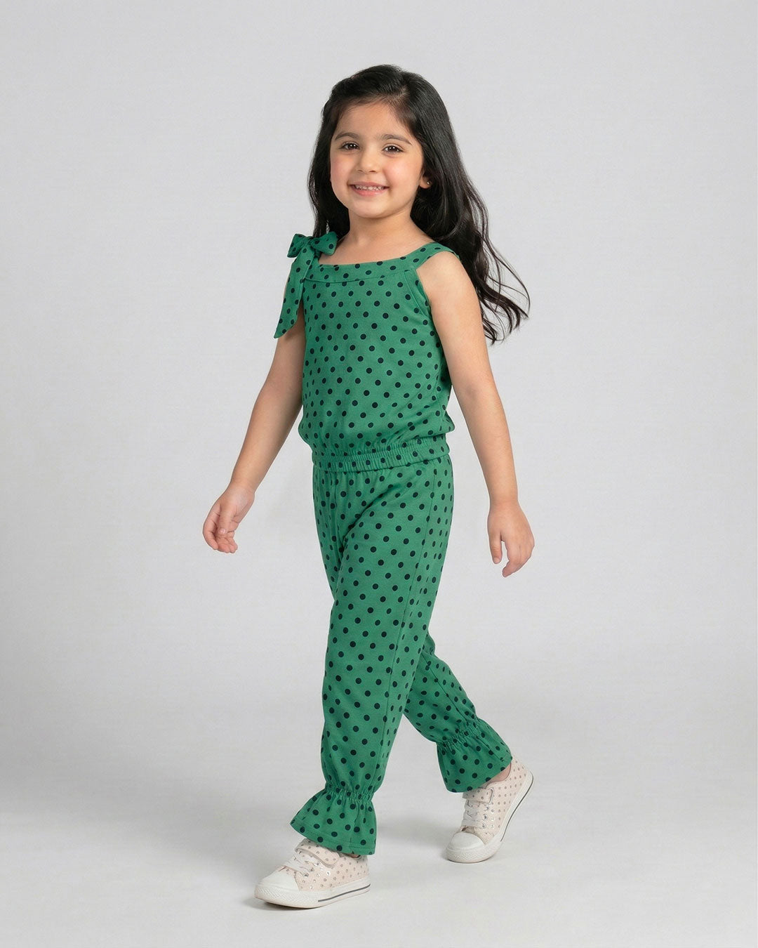 Girls Green Polka Dot Sleeveless Jumpsuit