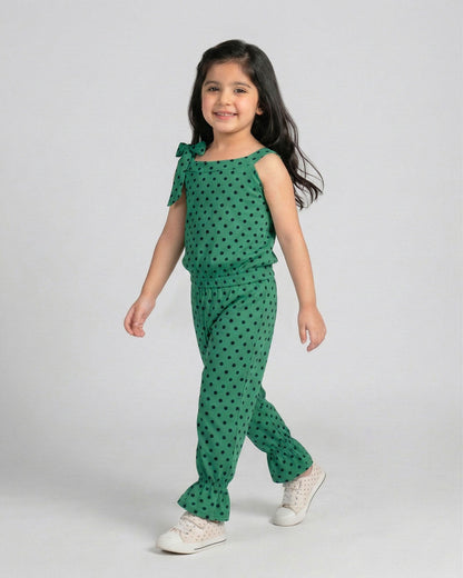 Girls Green Polka Dot Sleeveless Jumpsuit