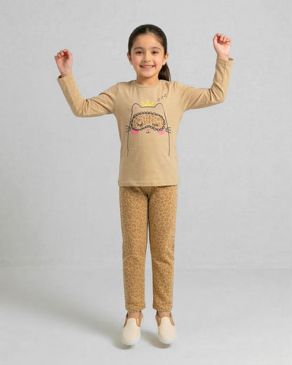 Girls Beige Cat Printed Night Suit