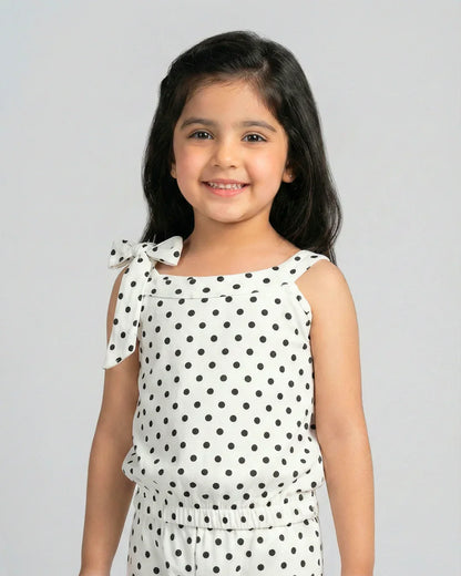 Girls White Polka Dot Sleeveless Jumpsuit