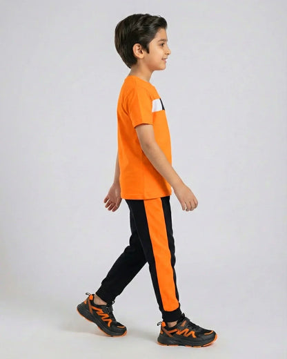 Trendy Kids' Orange Block T-Shirt & Pant Set