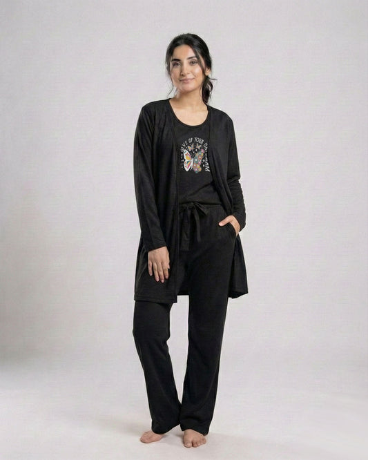 Women's 3 Pieces Night Suit - Never Give Up | Black