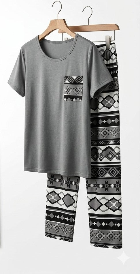 Grey Geometric Printed Night Suit
