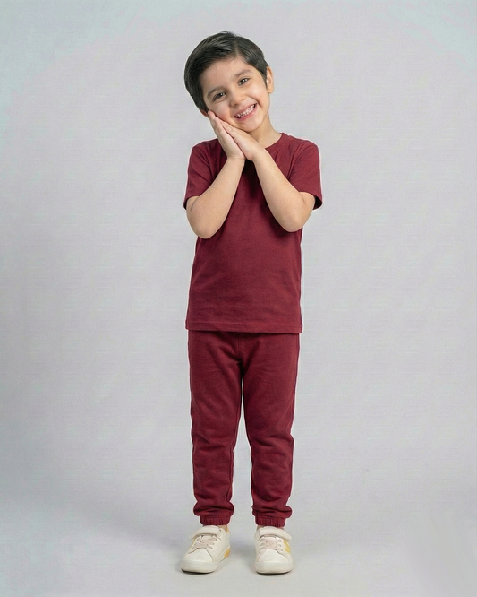 Kids meroon  Cotton T-Shirt & Trouser Set