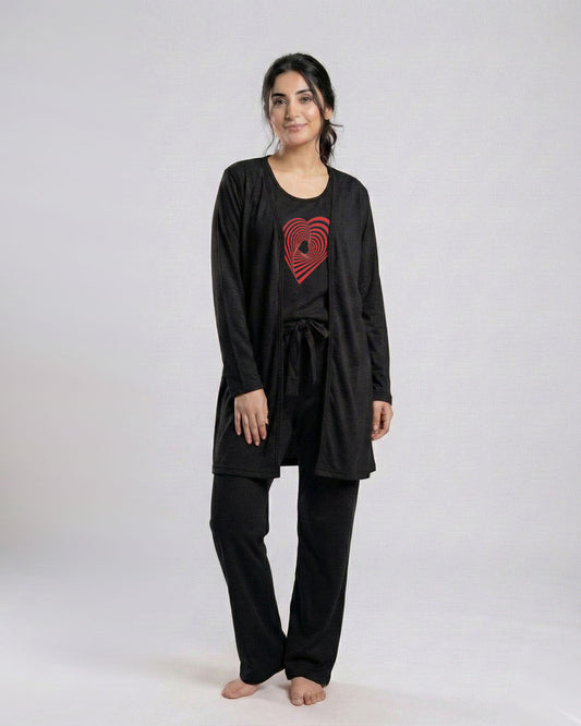 Women's 3 Pieces Night Suit - Geomatrical | Black