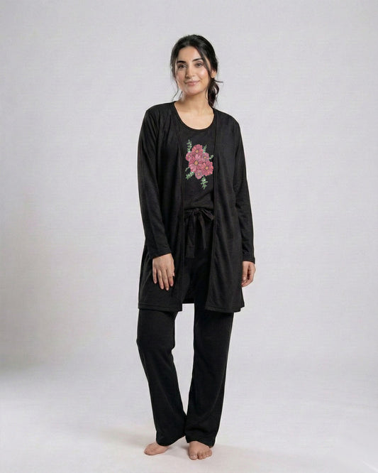 Women's 3 Pieces Night Suit - Flower | Black
