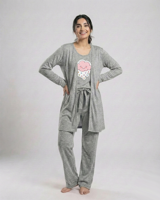 Women's 3 Pieces Night Suit - Pink Cloud | Grey