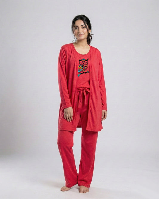 Women's 3 Pieces Night Suit - Owl | Red