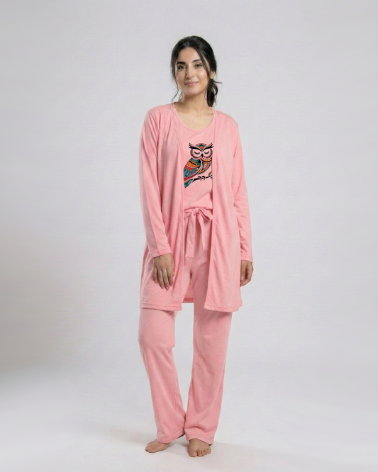 Women's 3 Pieces Night Suit - Owl | Baby Pink
