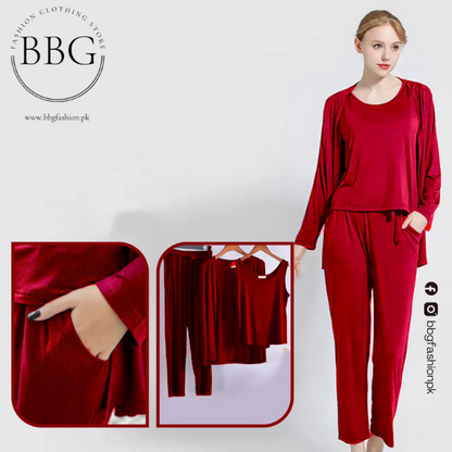 3 Pieces Long Sleeve Women Night Suit PJ Set
