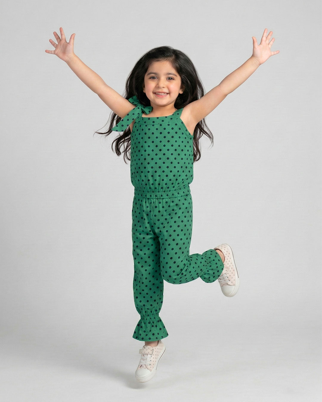 Girls Green Polka Dot Sleeveless Jumpsuit