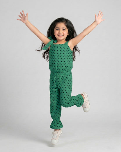 Girls Green Polka Dot Sleeveless Jumpsuit