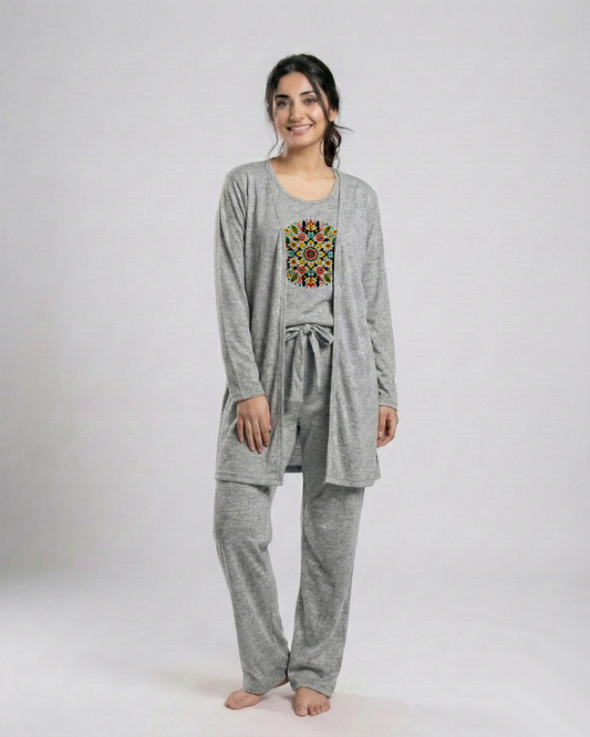 Women's 3 Pieces Night Suit - Multi Pattern | Grey