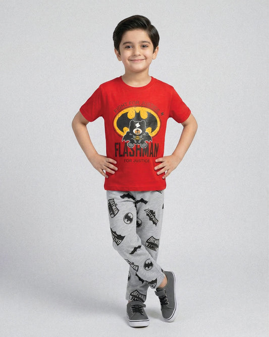 Kids Red Superhero Batman Printed Co-Ord Set