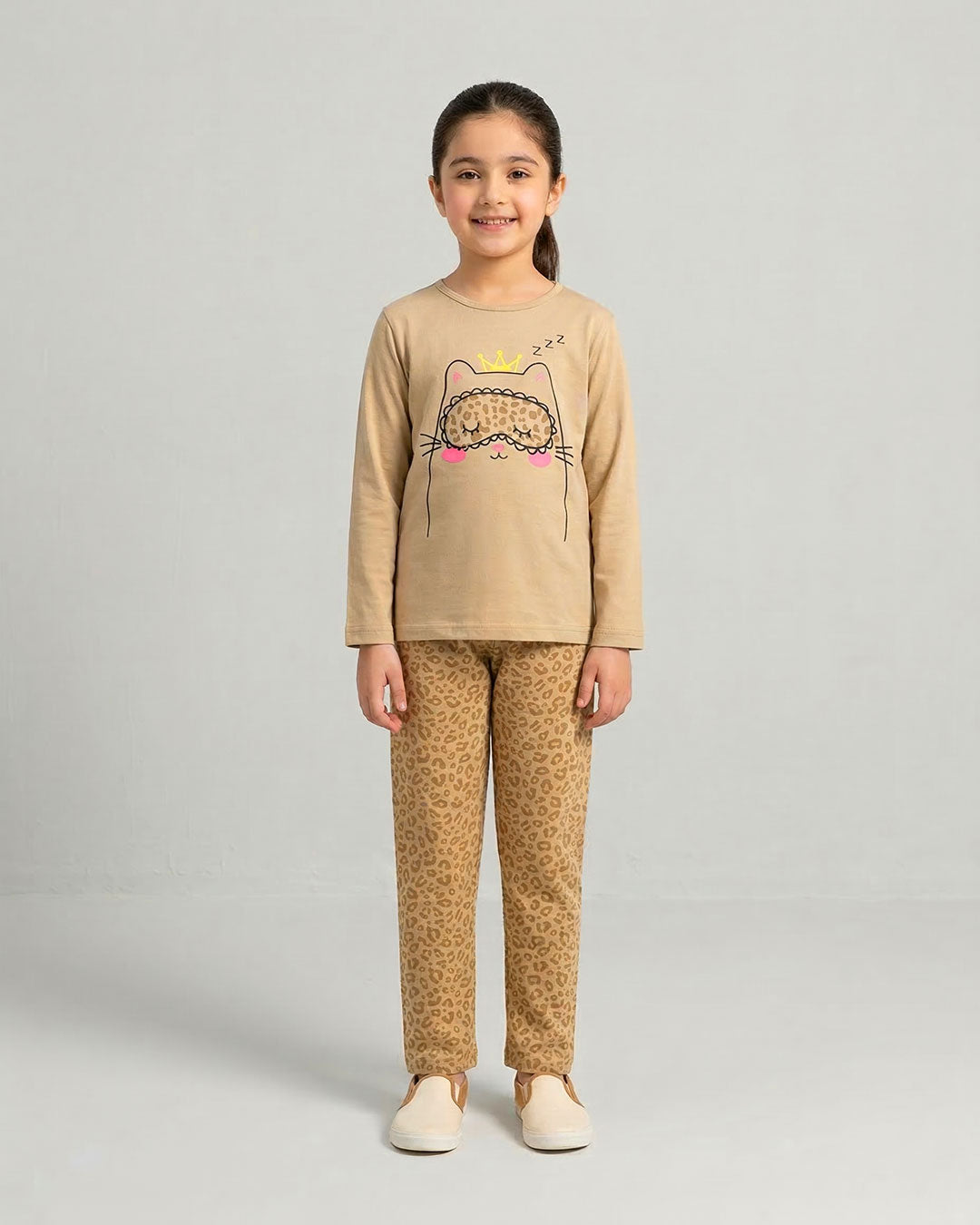 Girls Beige Cat Printed Night Suit