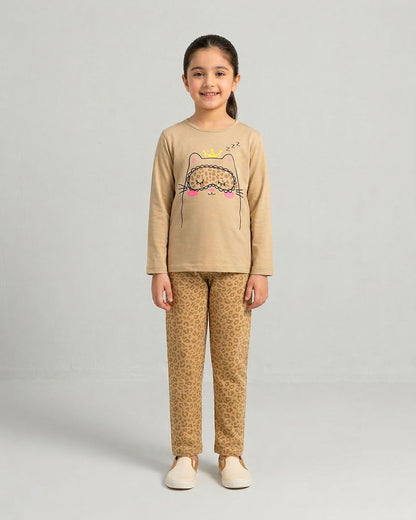 Girls Beige Cat Printed Night Suit