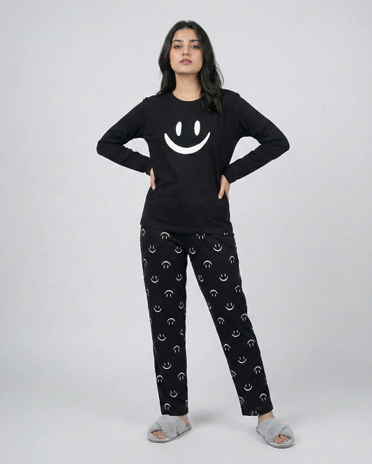 Smile Printed Nightsuit - Black