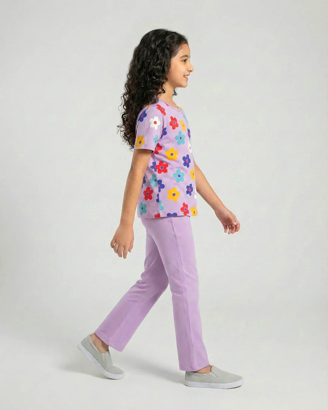 Blossom Dream Girls Floral Top & Purple Flare Pants Set
