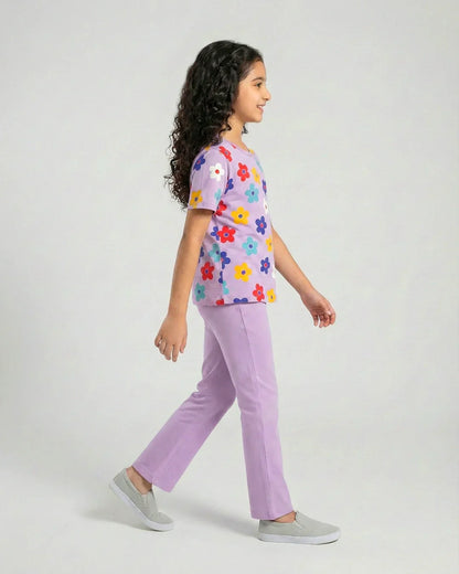 Blossom Dream Girls Floral Top & Purple Flare Pants Set