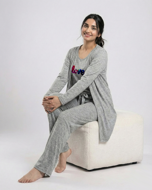 Women's 3 Pieces Night Suit - Multi Love | Grey