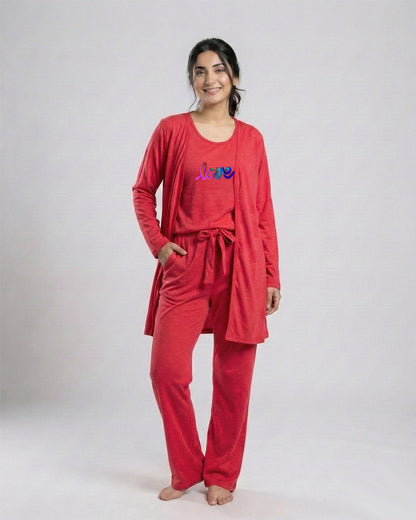 Women's 3 Pieces Night Suit - Multi Love | Red
