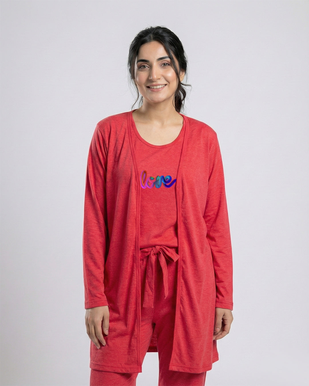 Women's 3 Pieces Night Suit - Multi Love | Red