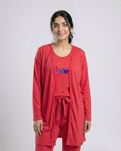 Women's 3 Pieces Night Suit - Multi Love | Red