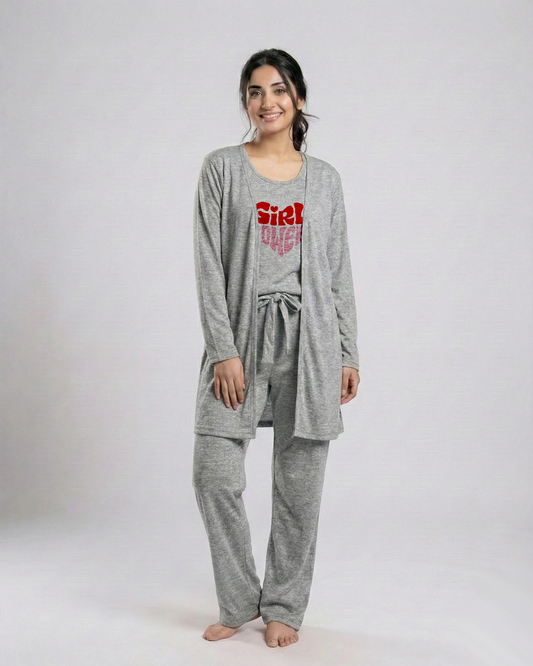Women's 3 Pieces Night Suit - Girl Power | Grey
