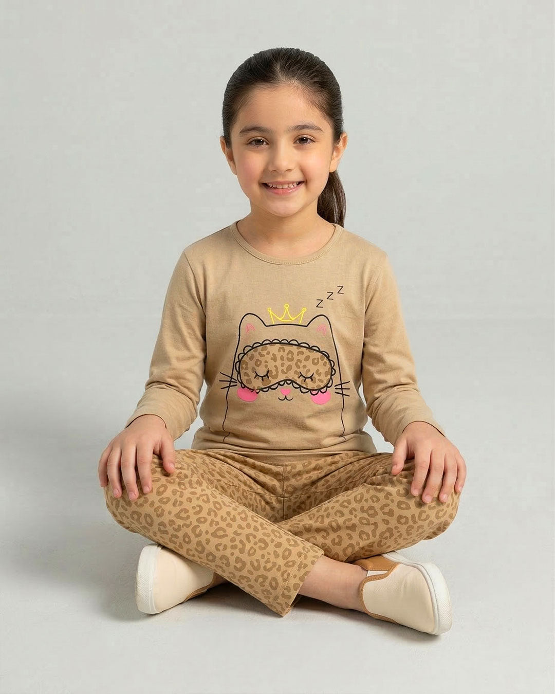 Girls Beige Cat Printed Night Suit