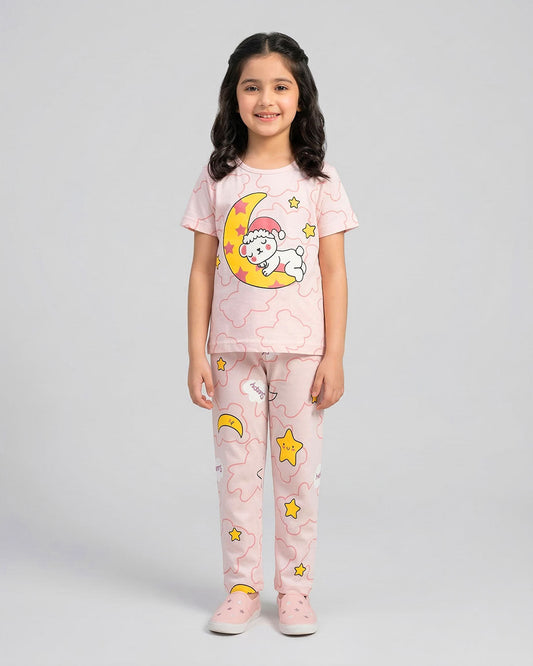 Kids Pink Sleepy Moon Night Suit