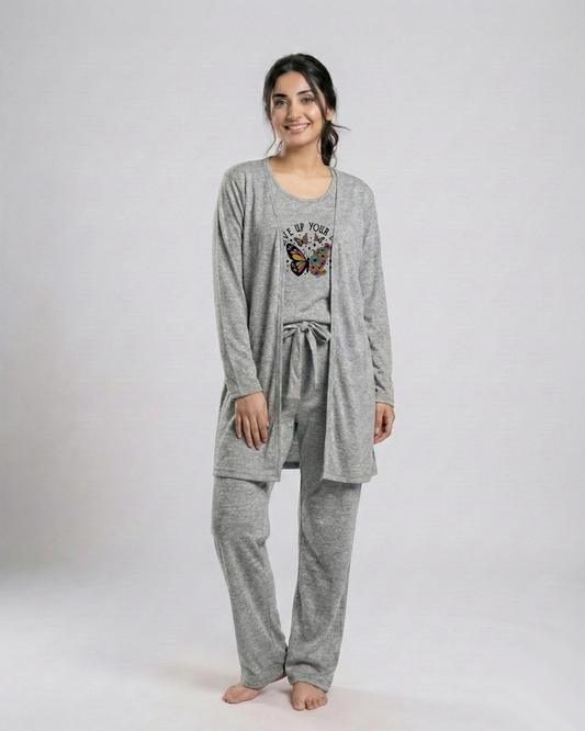 Women's 3 Pieces Night Suit - Never Give Up | Grey