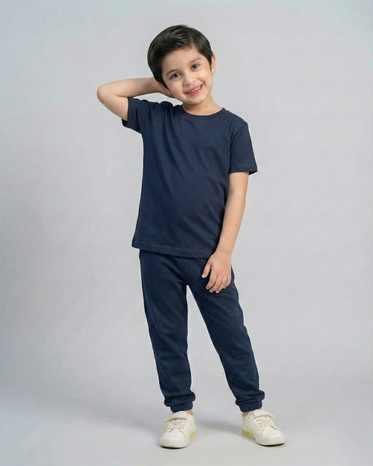 Kids Navy blue Cotton T-Shirt & Trouser Set