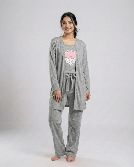 Women's 3 Pieces Night Suit - Pink Cloud | Grey