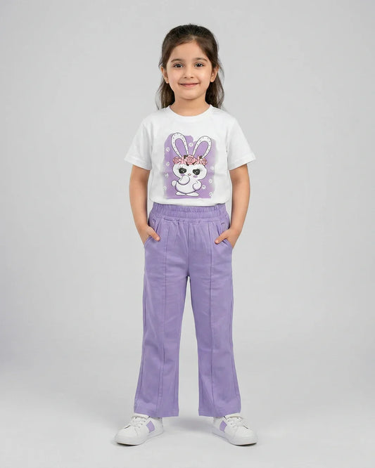 Bunny Blossom Tee & Lilac Pants Set – Girls Summer Outfit