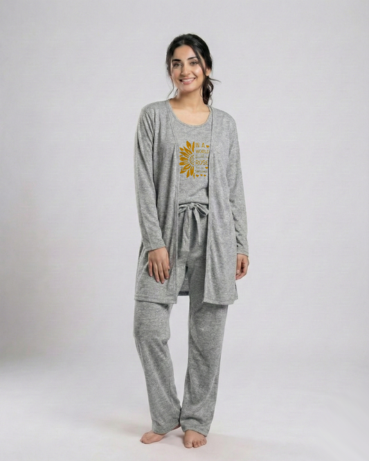 Women's 3 Pieces Night Suit - Sun Roses | Grey