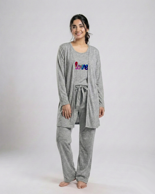 Women's 3 Pieces Night Suit - Multi Love | Grey