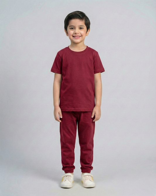 Kids meroon  Cotton T-Shirt & Trouser Set