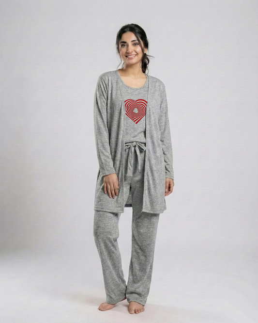 Women's 3 Pieces Night Suit - Geomatrical | Grey