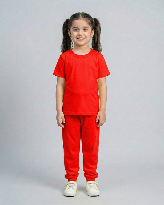 Kids red Cotton T-Shirt & Trouser Set