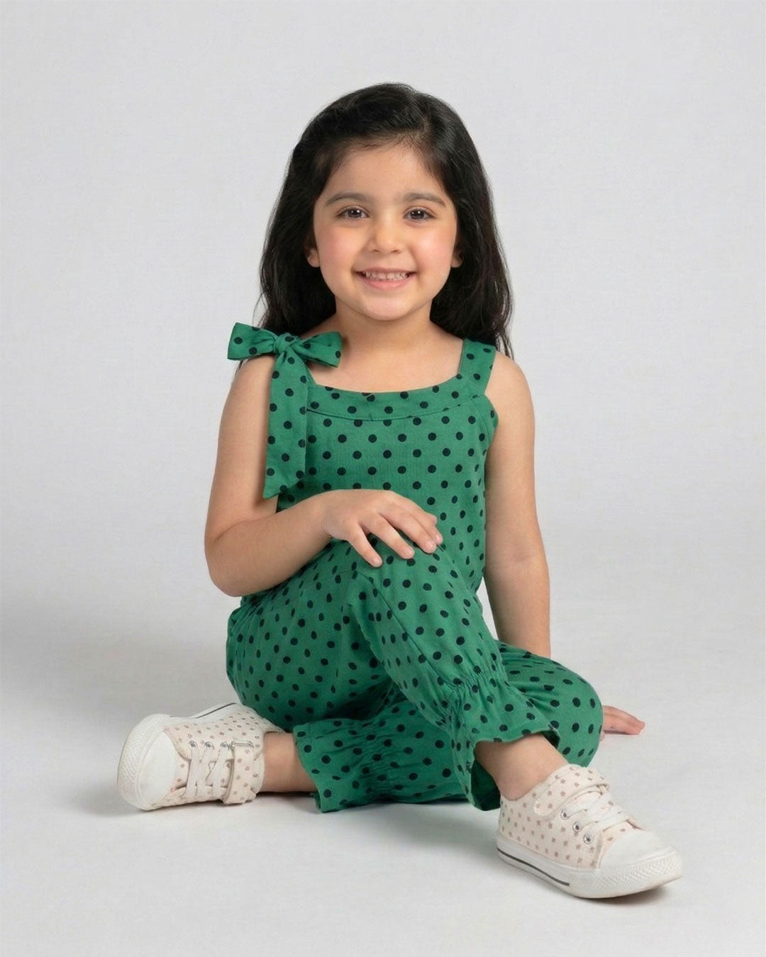 Girls Green Polka Dot Sleeveless Jumpsuit
