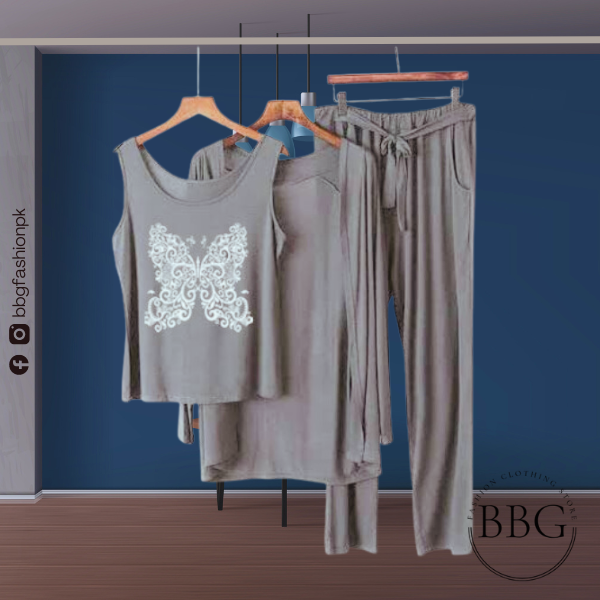 Grey White Butterfly Women Night Suit PJ 3 Pieces Set