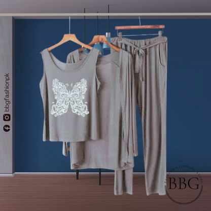 Grey White Butterfly Women Night Suit PJ 3 Pieces Set
