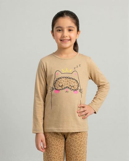 Girls Beige Cat Printed Night Suit